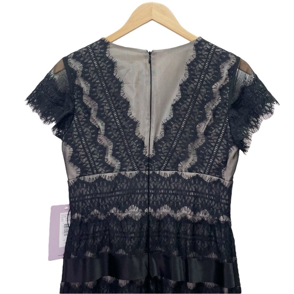 NWT JS Collections Black Nude Lace Illusion Midi Dress Sheer Stripe Size 6 NEW - Picture 7 of 13